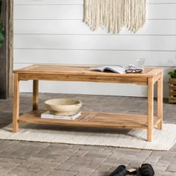 Ravenscroft Modern Boho Acacia Wood Slatted Outdoor Coffee Table With Lower Shelf - Saracina Home