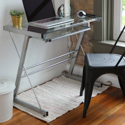 Glass Computer Desk With Keyboard Tray Silver - Saracina Home 3 Glass Computer Desk With Keyboard Tray Silver - Saracina Home - Image 3