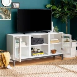 Pierceton Modern Double Glass Door With Metal Legs TV Stand For TVs Up To 58" White - Saracina Home -Saracina Home GUEST 2c1fd597 52e5 48a8 9e83 a72aa568db78