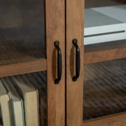 Sophie Rustic Farmhouse X Frame Glass Doors TV Stand For TVs Up To 80" Rustic Oak - Saracina Home -Saracina Home GUEST 2ef0568d 6fd0 4ebb b1a4 c946a519e5b9