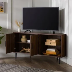 Contemporary Corner TV Stand For TVs Up To 55" Dark Walnut - Saracina Home
