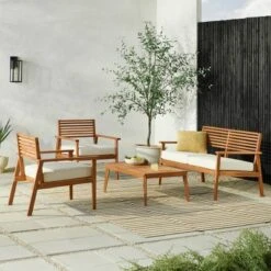 New Release 9 Saracina Home 4pc Mid-Century Modern Slatted Acacia Outdoor Patio Conversation Furniture Set