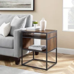 Modern Wood And Metal Side Table With Open Storage - Saracina Home