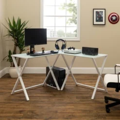 Modern Glass L Shaped Gaming Computer Desk White - Saracina Home -Saracina Home GUEST 4d44eb20 12e3 40bb 97f6 4e81c97ce684