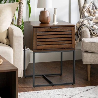 Visconti Boho Slat Pull Down Door Side Table Dark Walnut - Saracina Home 2 Visconti Boho Slat Pull Down Door Side Table Dark Walnut - Saracina Home - Image 2