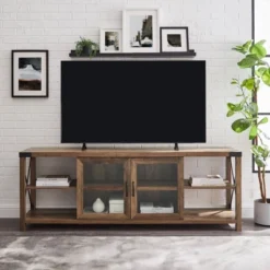 Sophie Rustic Farmhouse X Frame Glass Doors TV Stand For TVs Up To 80" Rustic Oak - Saracina Home -Saracina Home GUEST 545c029e b94b 4a9e 81b6 ba58fc048e1b