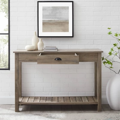 June Rustic Farmhouse Entry Table With Lower Shelf Gray Wash - Saracina Home 6 June Rustic Farmhouse Entry Table With Lower Shelf Gray Wash - Saracina Home - Image 6