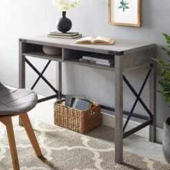 Sophie Modern Farmhouse X Frame Writing Desk With Cubbies Gray Wash - Saracina Home