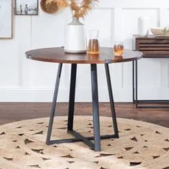 40" Urban Industrial Round Dining Table With Faux Wrap Leg Dark Walnut - Saracina Home