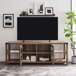 Sophie Rustic Farmhouse X Frame Glass Doors TV Stand For TVs Up To 80" Rustic Oak - Saracina Home -Saracina Home GUEST ab282666 78bc 4f32 95d1 fde89840ca0c