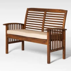 Ravenscroft Modern Boho Acacia Wood Slatted Outdoor Loveseat With Cushion - Saracina Home -Saracina Home GUEST cc174b51 e201 4d4d bdc1 4e90ccd2ded9