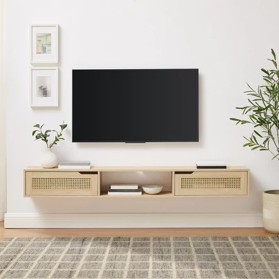 Modern Boho Floating TV Stand For TVs Up To 80" With Rattan Doors Coastal Oak - Saracina Home 3 Modern Boho Floating TV Stand For TVs Up To 80" With Rattan Doors Coastal Oak - Saracina Home - Image 3