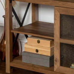 Sophie Rustic Farmhouse X Frame Glass Doors TV Stand For TVs Up To 80" Rustic Oak - Saracina Home -Saracina Home GUEST d0b45f21 041d 413e bebc bbe7a5ae13a6