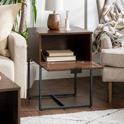 Visconti Boho Slat Pull Down Door Side Table Dark Walnut - Saracina Home 10 Visconti Boho Slat Pull Down Door Side Table Dark Walnut - Saracina Home - Image 10
