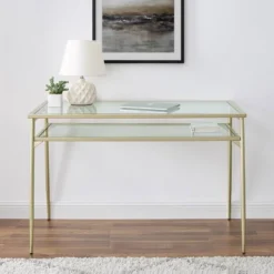 Modern 2 Tier Glass Top Writing Desk With Metal Legs Gold - Saracina Home -Saracina Home GUEST f29dbca3 f72a 47f1 b485 067966ea3eef
