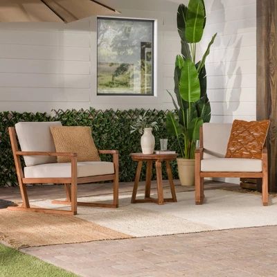 Saracina Home 3pc Modern Slat-Back Acacia Outdoor Conversation Set With Cushions 1 Saracina Home 3pc Modern Slat-Back Acacia Outdoor Conversation Set With Cushions